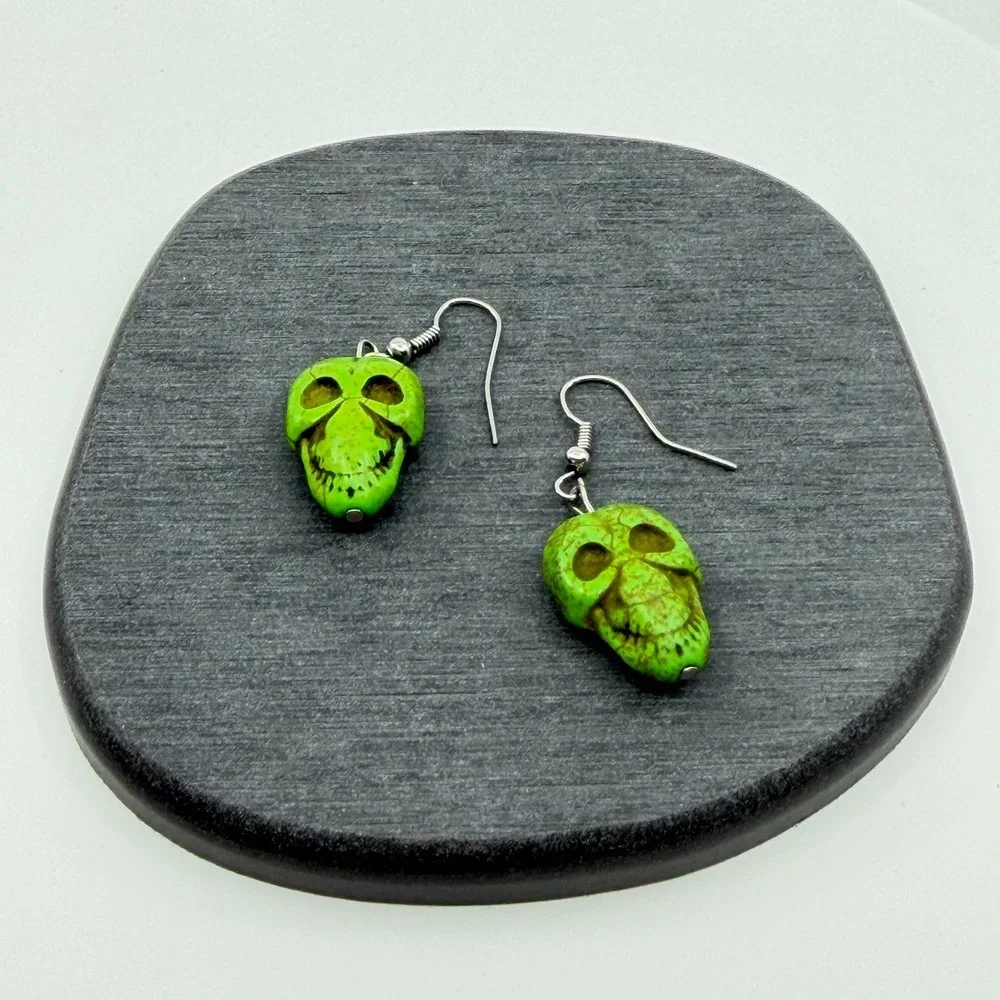 Green Skull Dangle Earrings Gothic Punk Halloween Festival Statement Gift Pair